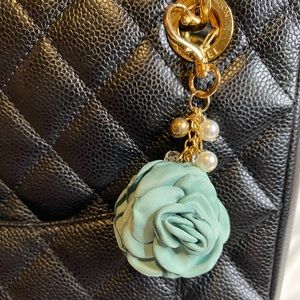Green Rose Flower Bag Charm Keychain KeyRing Charm Gold Heart Clasp